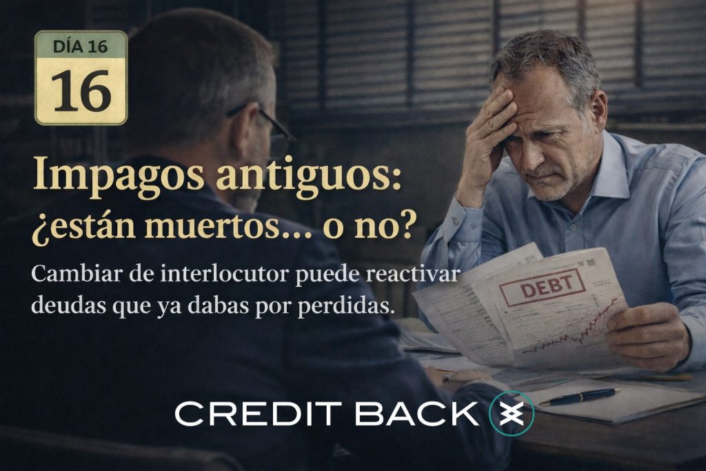 Hombre preocupado revisando una deuda antigua mientras un nuevo interlocutor profesional analiza la recuperación del impago