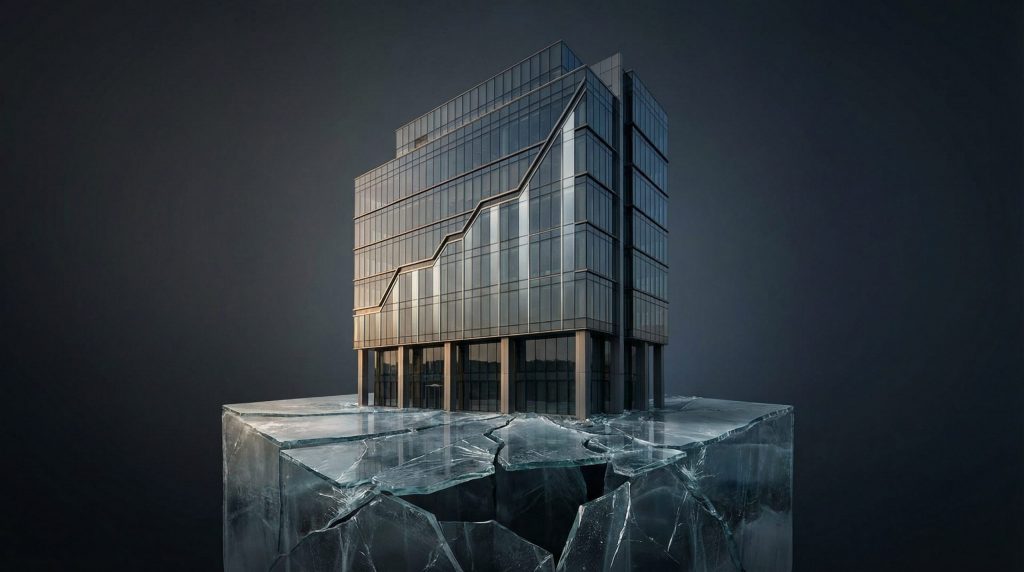 Edificio empresarial creciendo sobre una base de hielo agrietada que simboliza el riesgo de crecer sin control financiero ni gestión de impagos en pymes