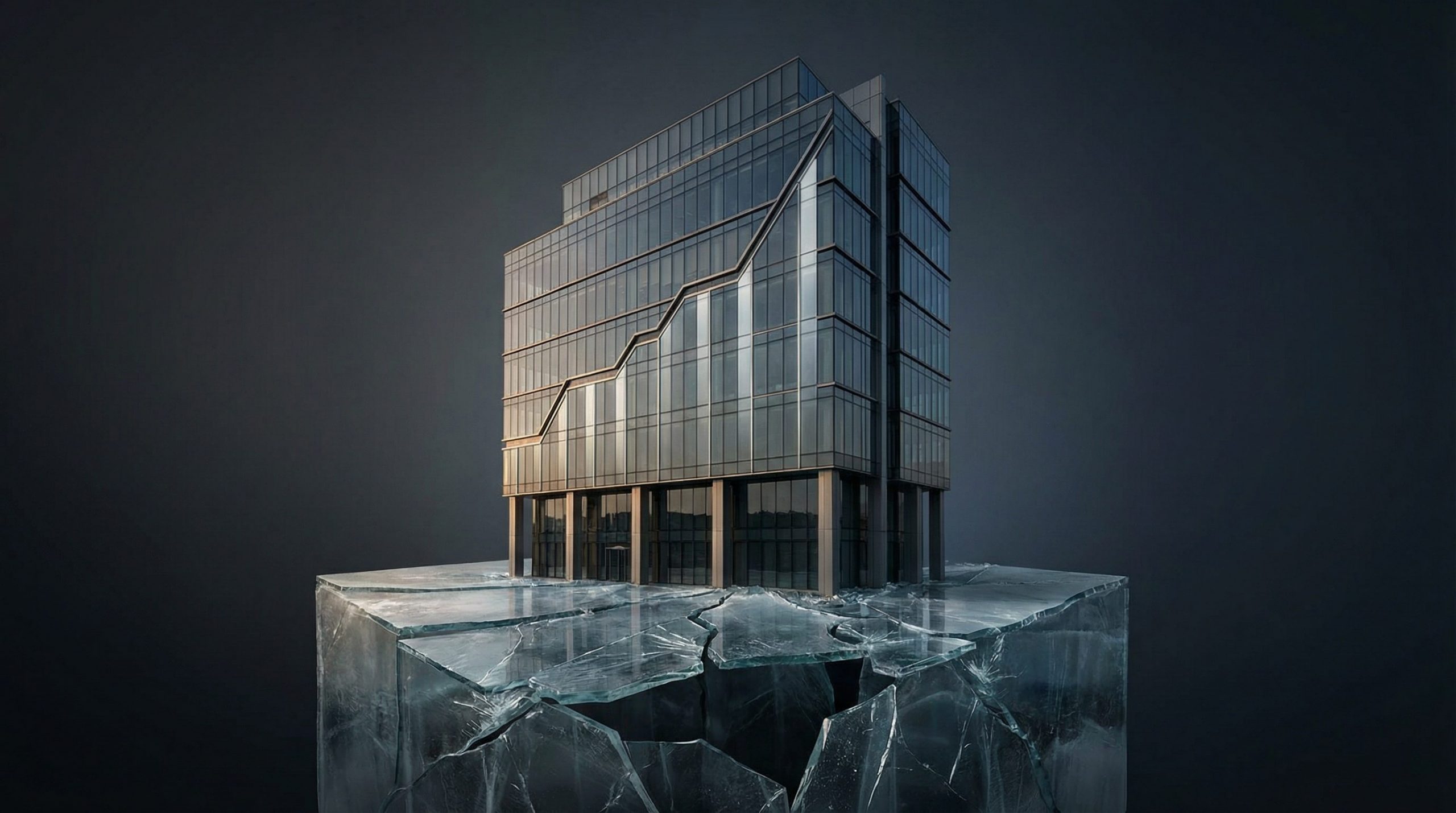 Edificio empresarial creciendo sobre una base de hielo agrietada que simboliza el riesgo de crecer sin control financiero ni gestión de impagos en pymes