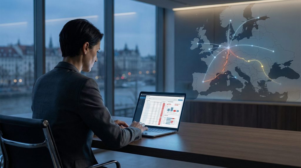 International business executive analysing unpaid B2B invoices with a European cross-border payment network in the background