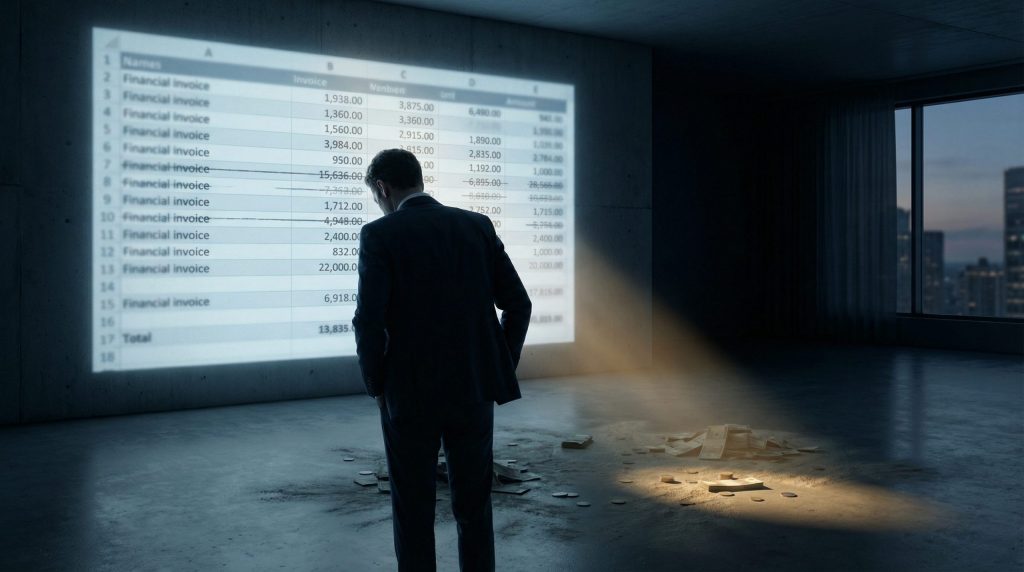 Ejecutivo analizando facturas impagadas mientras dinero olvidado permanece en el suelo, simbolizando impagos de 2025 recuperables en 2026