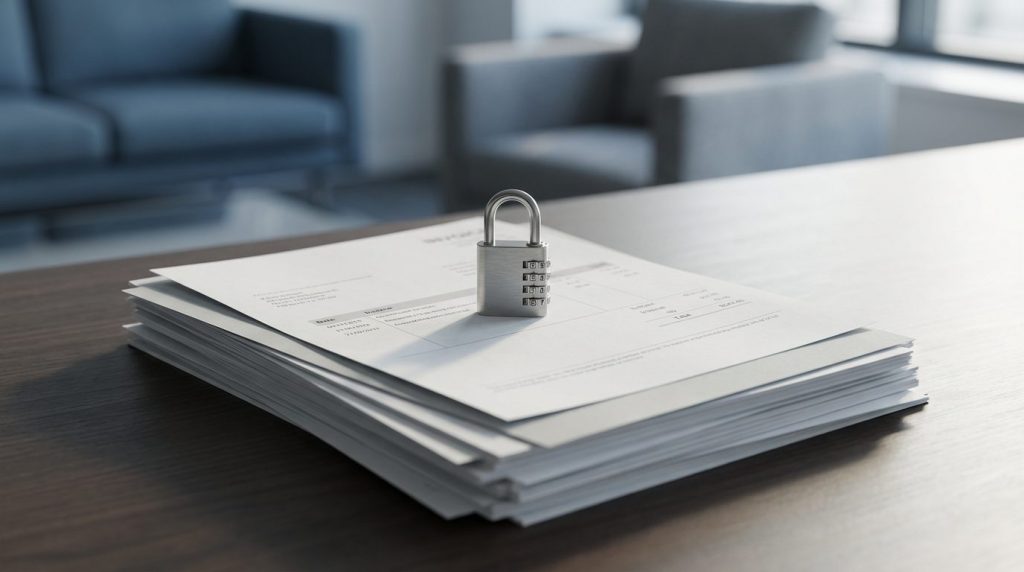 Documentos financieros y facturas impagadas bloqueadas con un candado, representando la liquidez oculta del crédito comercial en empresas y concursos.