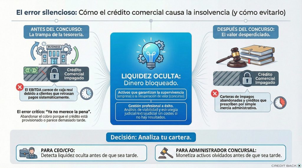 Infografía sobre cómo el crédito comercial impagado genera insolvencia y cómo convertirlo en liquidez oculta antes o después del concurso.