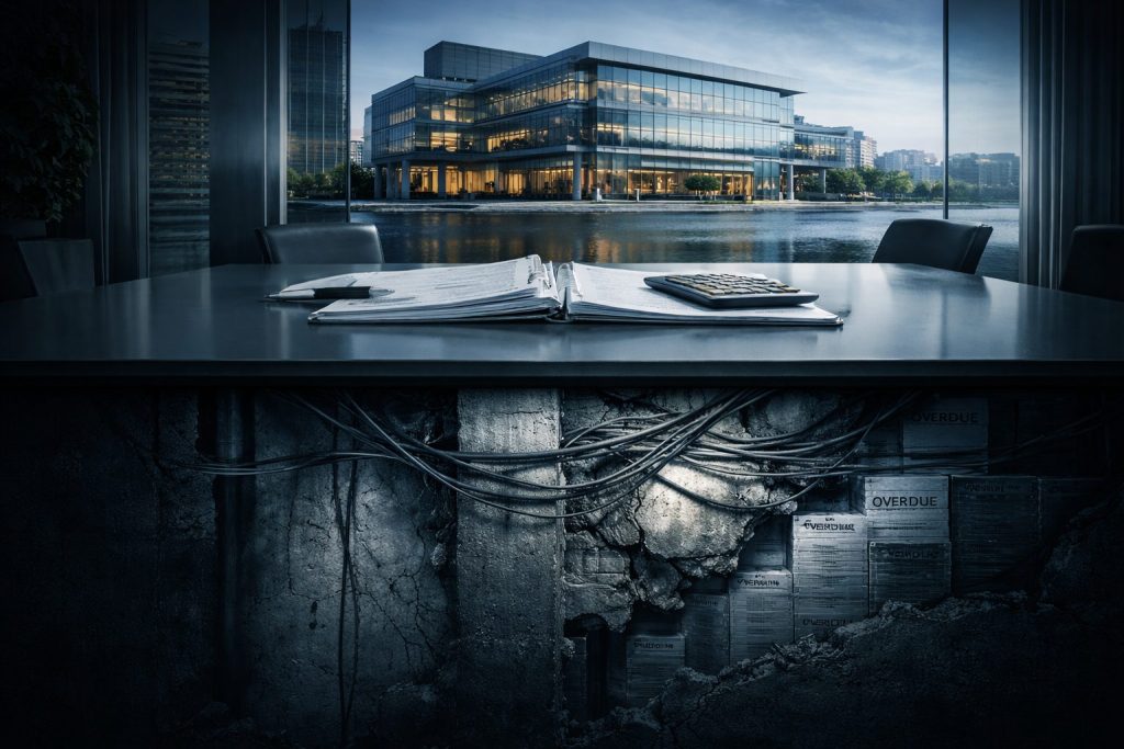 Imagen corporativa que representa la tensión de caja y los riesgos financieros ocultos en una empresa con EBITDA positivo y impagos provisionados.
