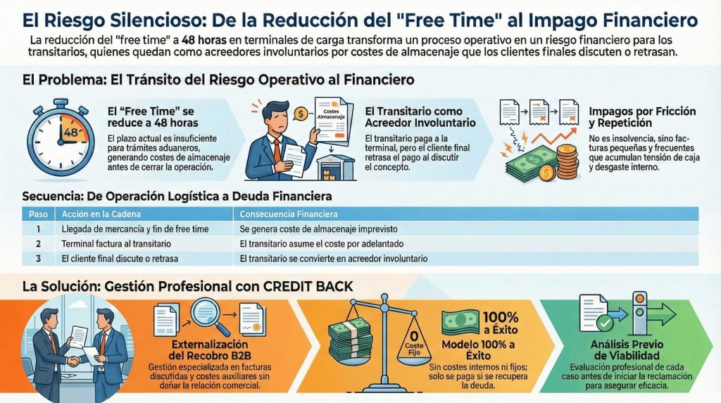 Infografía sobre cómo la reducción del free time en terminales de carga genera impagos B2B y convierte al transitario en acreedor involuntario, y cómo CREDIT BACK gestiona el recobro de esas deudas.