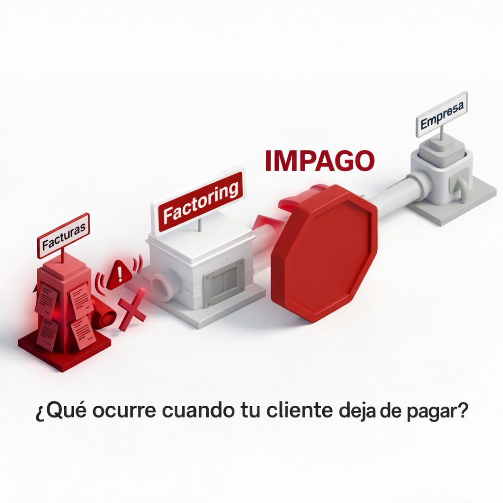 Infografía que muestra cómo el factoring deja de funcionar cuando un cliente no paga, bloqueando la financiación y generando riesgo de impago en la empresa