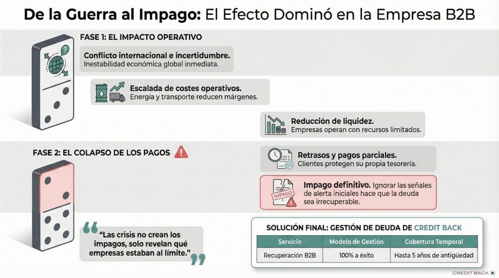 Infografía sobre cómo los conflictos internacionales pueden generar impagos entre empresas B2B a través de un efecto dominó económico que provoca subida de costes, reducción de liquidez y retrasos en los pagos.