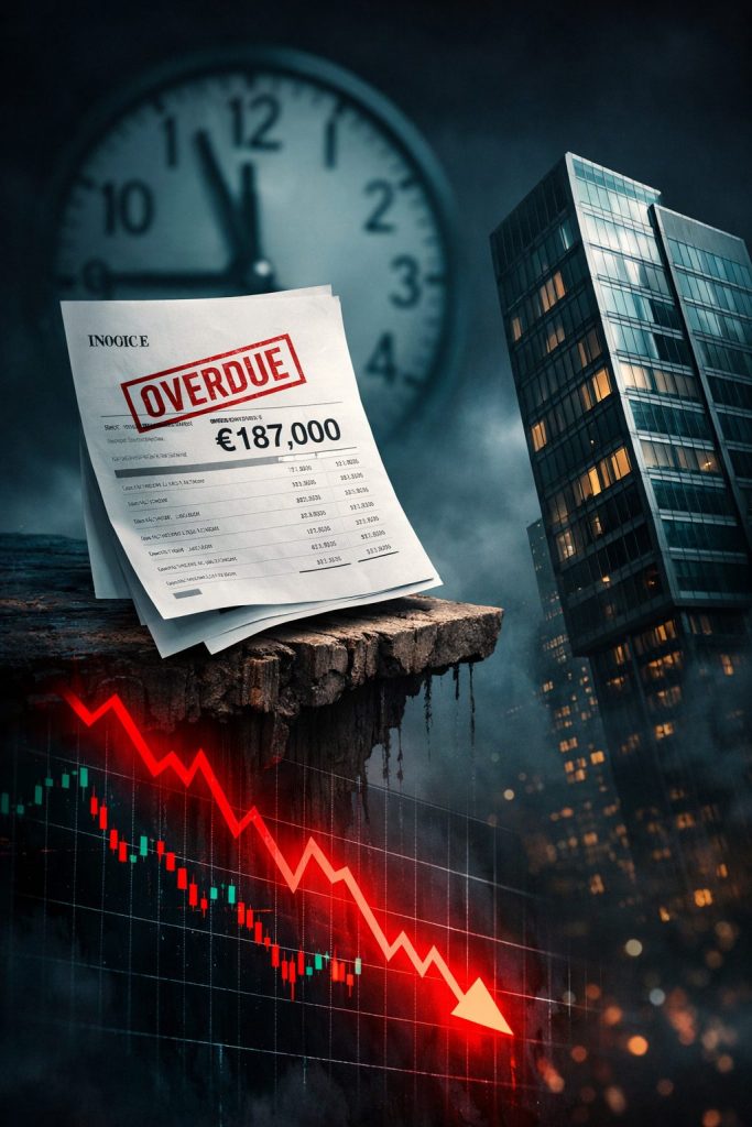 Factura vencida de 187.000 euros al borde de caída junto a gráfico financiero en descenso representando riesgo de concurso de acreedores en clientes B2B