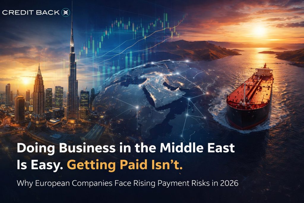 International debt recovery risk in the Middle East showing Dubai skyline, oil tanker in Strait of Hormuz and global financial market volatility affecting European companies