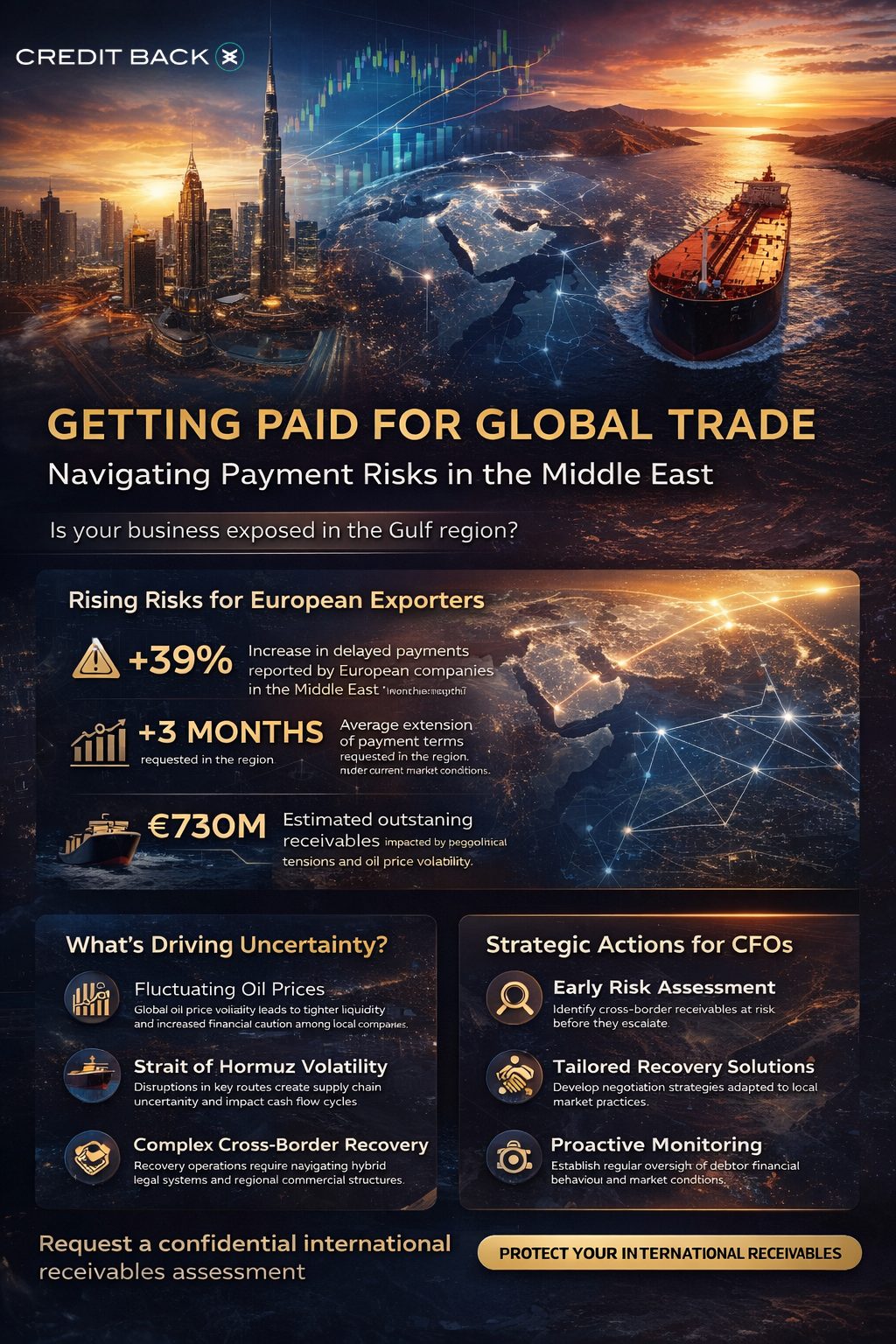 Infographic about international debt recovery risks in the Middle East showing Dubai skyline, oil price volatility impact, Strait of Hormuz risk and payment delays affecting European exporters