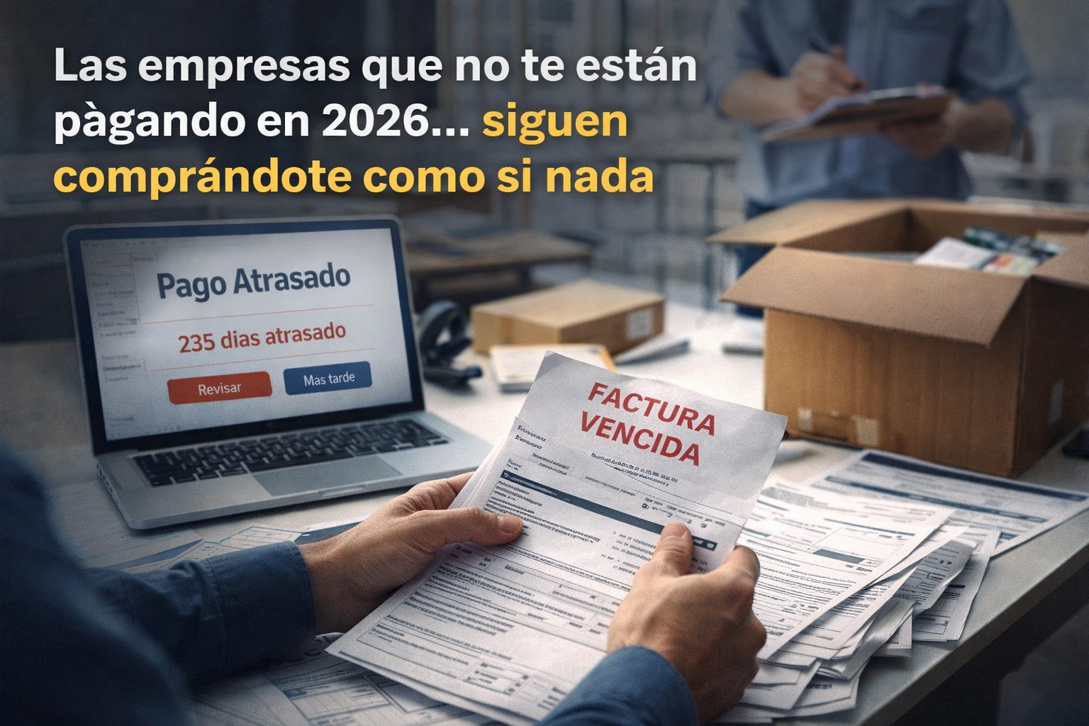 empresa revisando factura vencida mientras recibe nuevos pedidos de un cliente que no paga