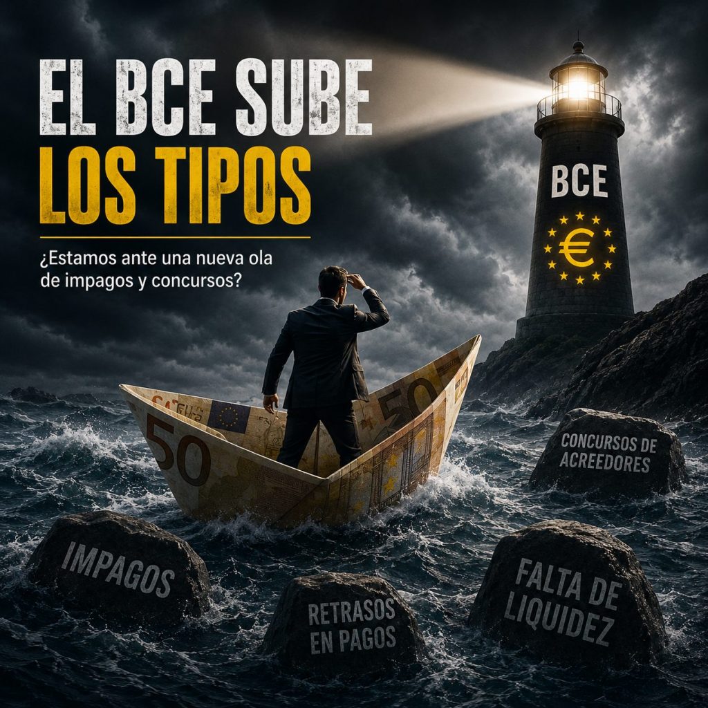 Empresario navegando una tormenta financiera tras la subida de tipos del BCE con riesgo de impagos, retrasos en pagos, falta de liquidez y concursos de acreedores.