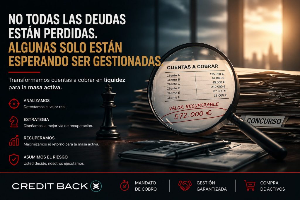 Administrador concursal analizando una cartera de deudores comerciales y otras cuentas a cobrar para maximizar la masa activa del concurso de acreedores.