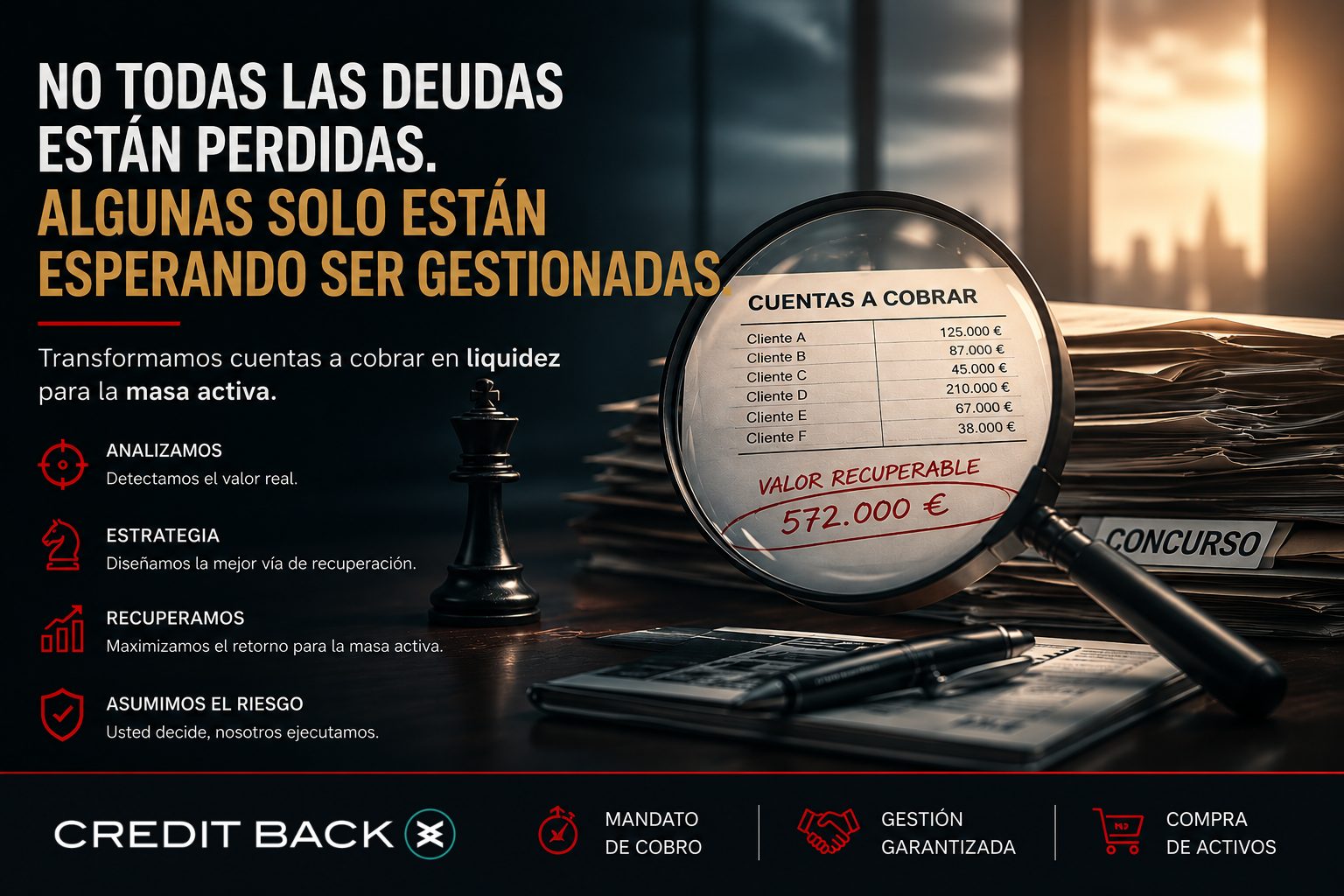 Administrador concursal analizando una cartera de deudores comerciales y otras cuentas a cobrar para maximizar la masa activa del concurso de acreedores.