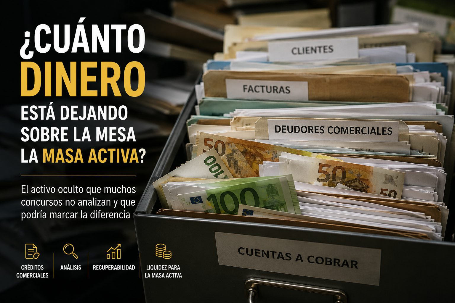 Archivador con expedientes de clientes, facturas y deudores comerciales que representan activos potencialmente recuperables dentro de un concurso de acreedores.
